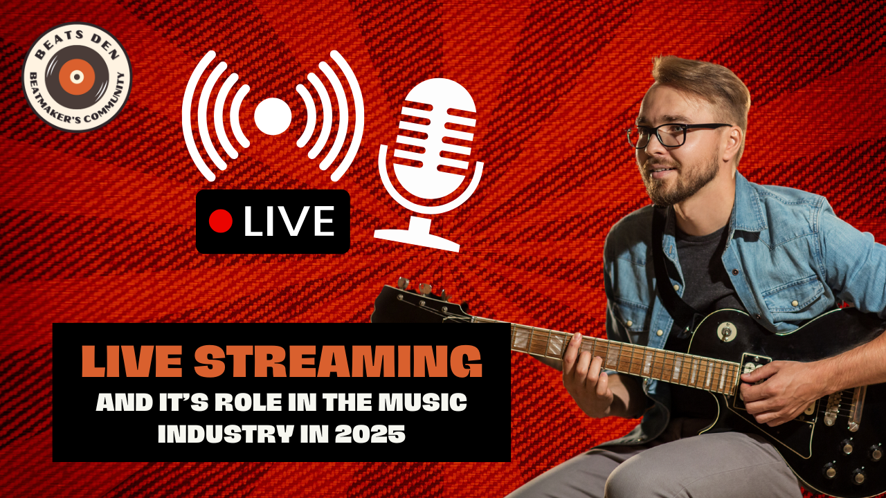 Musician playing guitar during a live stream with a microphone and 'live' broadcast icon.
