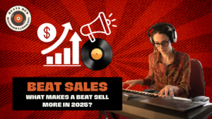 Female music producer working on a MIDI keyboard with beat sales marketing graphics.