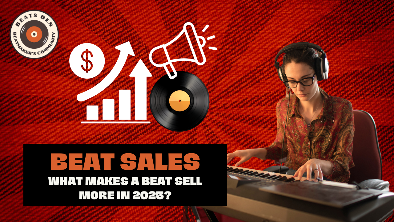 Female music producer working on a MIDI keyboard with beat sales marketing graphics.