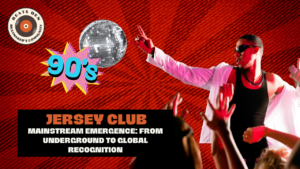 Thumbnail featuring a disco ball, a 90s pop-art design, and a performer in a white jacket, promoting a Jersey Club blog post.