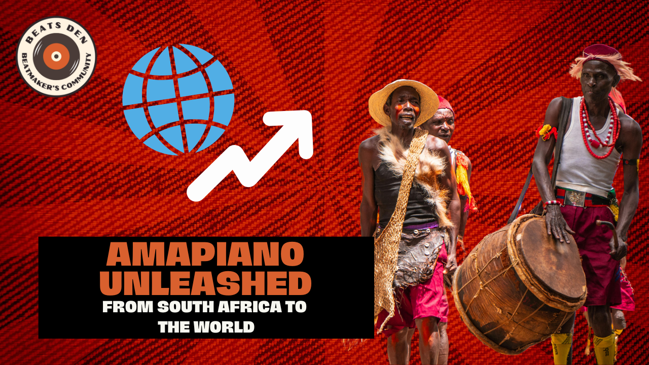 Thumbnail showing traditional African drummers alongside a global icon and upward arrow, illustrating Amapiano’s worldwide rise.