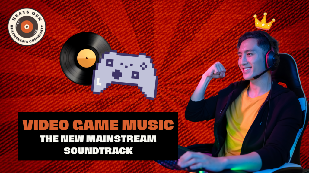 Thumbnail featuring a gamer wearing headphones and a crown, alongside a pixelated controller and vinyl record, highlighting video game music entering mainstream culture.