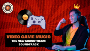 Thumbnail featuring a gamer wearing headphones and a crown, alongside a pixelated controller and vinyl record, highlighting video game music entering mainstream culture.