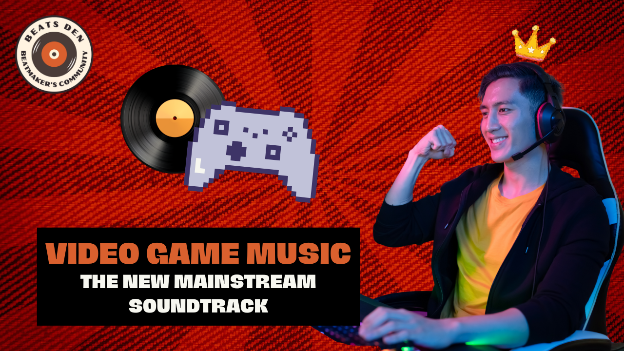 Thumbnail featuring a gamer wearing headphones and a crown, alongside a pixelated controller and vinyl record, highlighting video game music entering mainstream culture.