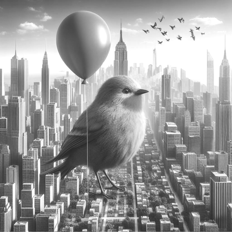 a-realistic-picture-of-a-bird-holding-a-red-balloon-in-the-center-of-a-city-surrounded-by-sk
